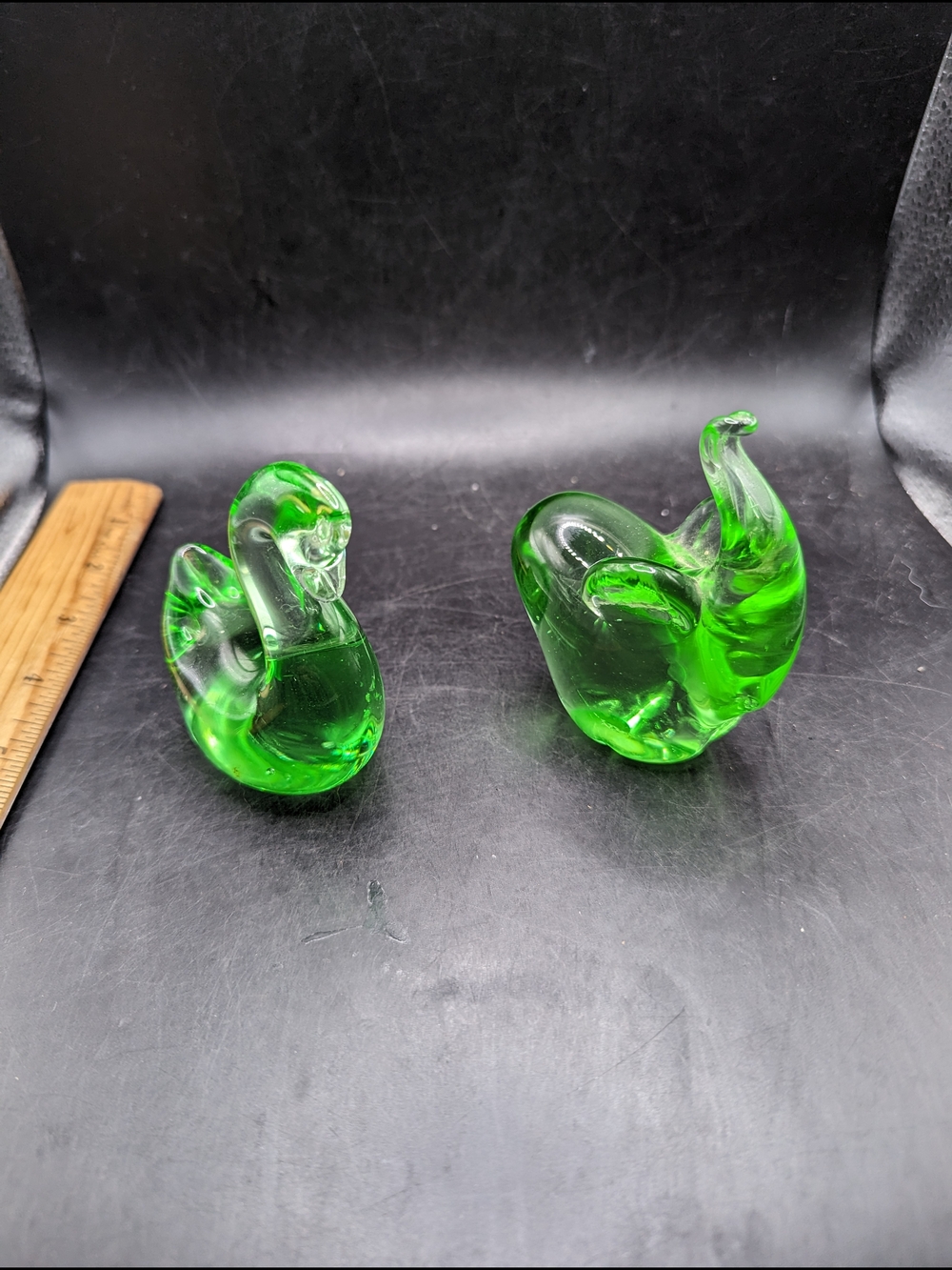Vintage Lot of 2 Green Art Glass Paperweights One Swan and One Elephant.